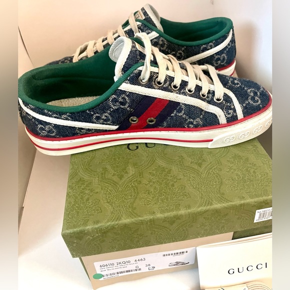 Gucci Tennis 1977 Webbing Trimmed Monogrammed Blue Denim Sneakers Size 8… - Picture 6 of 15